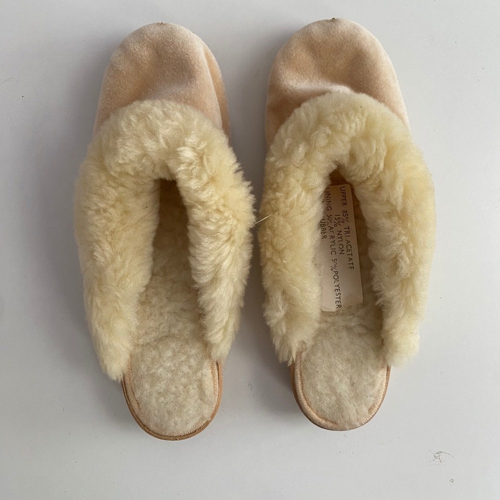Velvet Faux Fur Slippers Women Size 6 Tan Good Cozy Slip On‎ Scuff